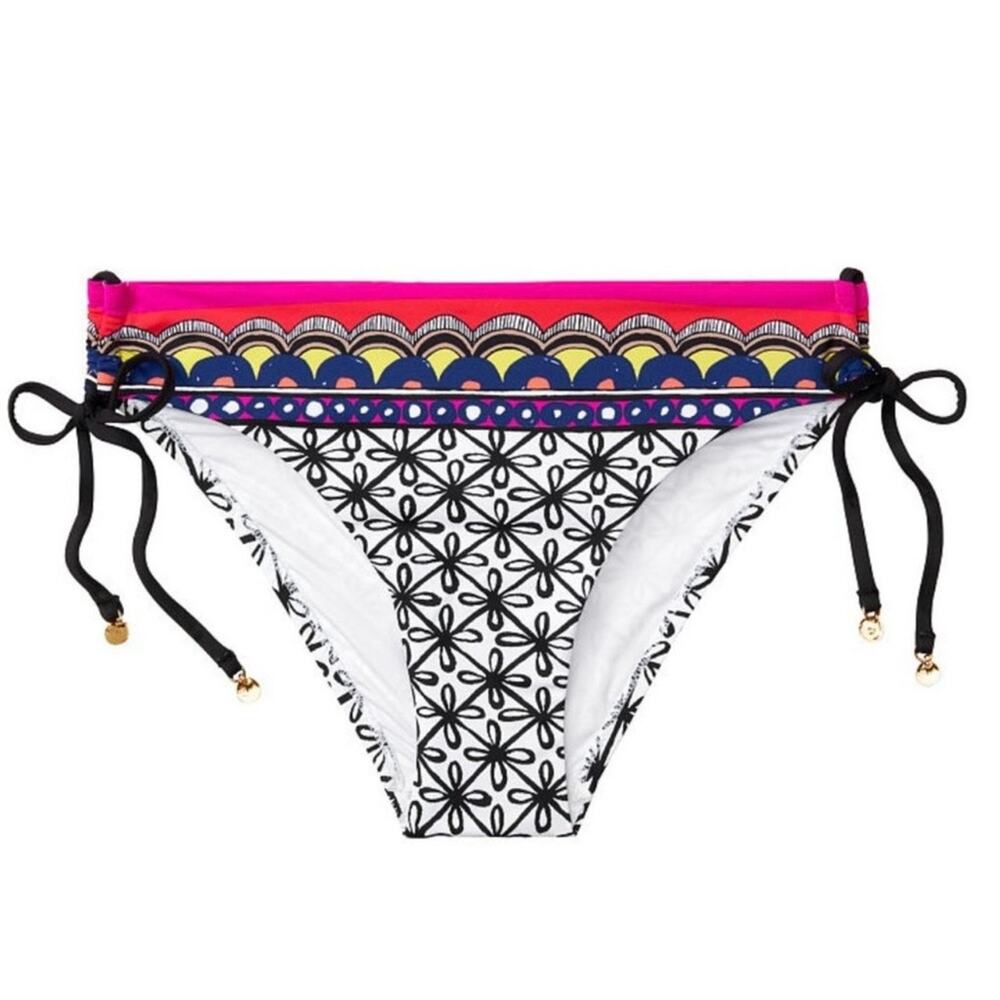 NWT Trina Turk Tanzania Print Side Tie Bikini Bottoms Beads Black White Size 6